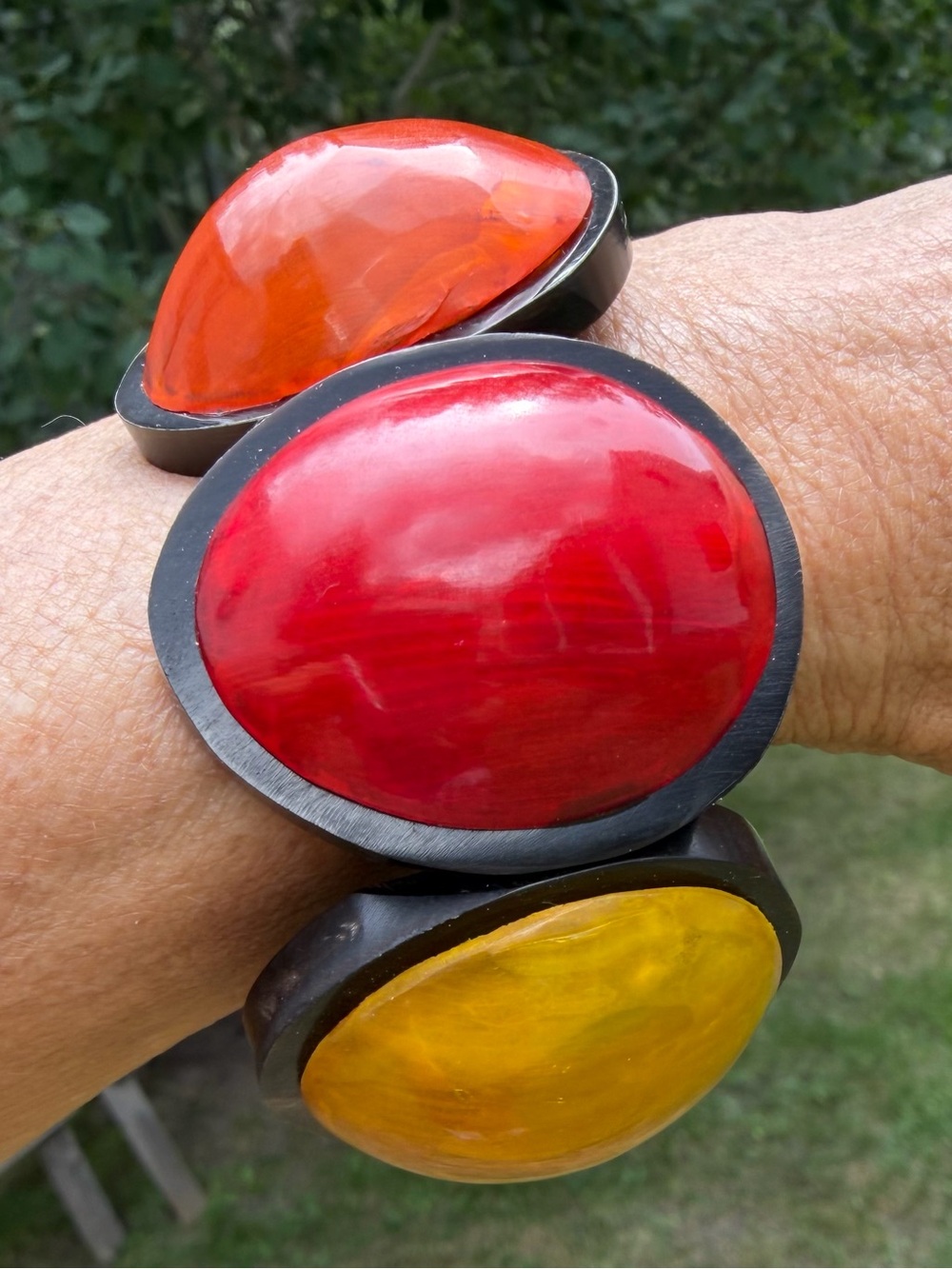 Vintage Bakelite Red, Orange & Yellow Dome stretch bracelet